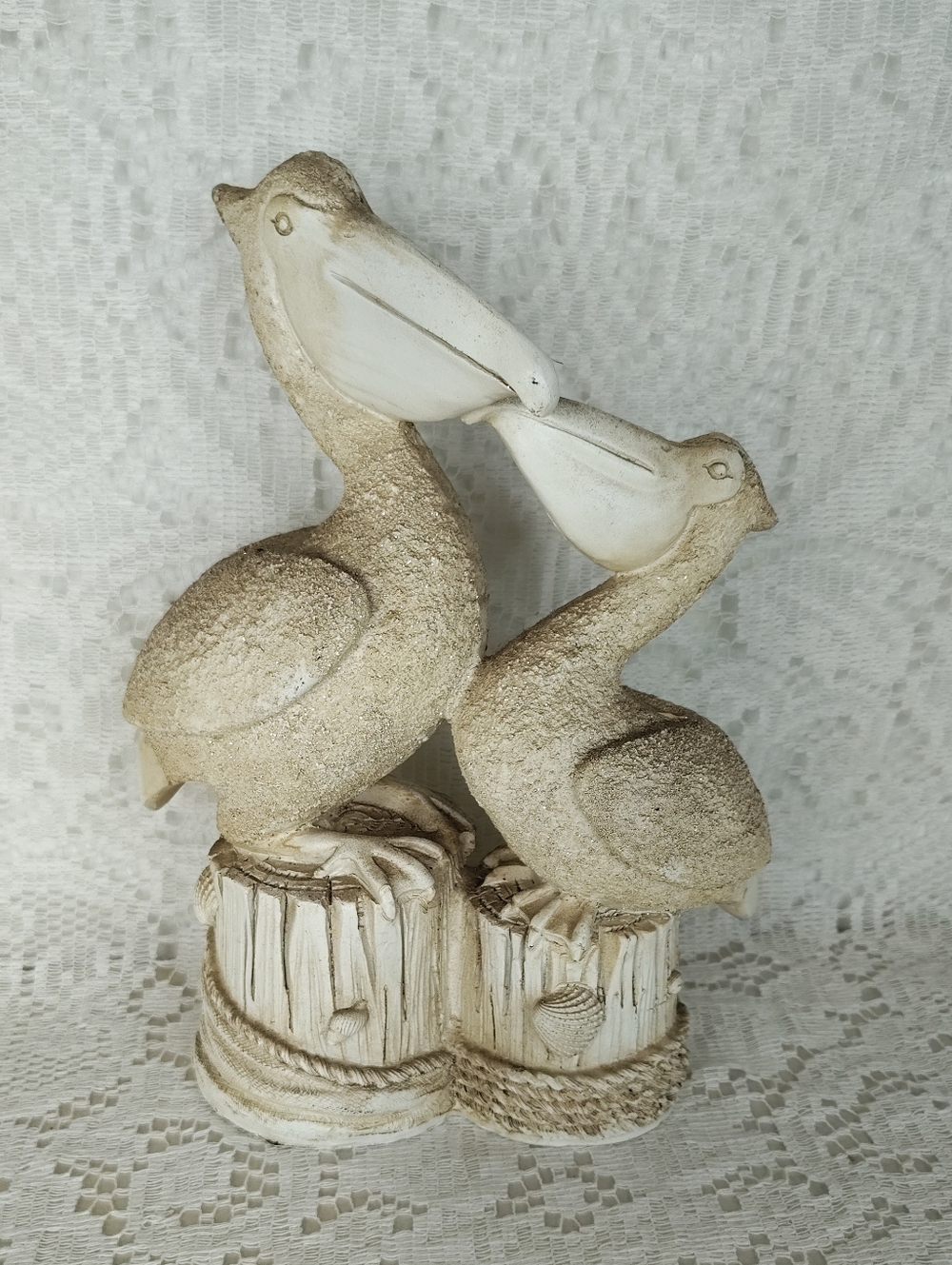 Coastal Pair Pelican Figurine White and Tan Seashells Glitter Accents Nautical